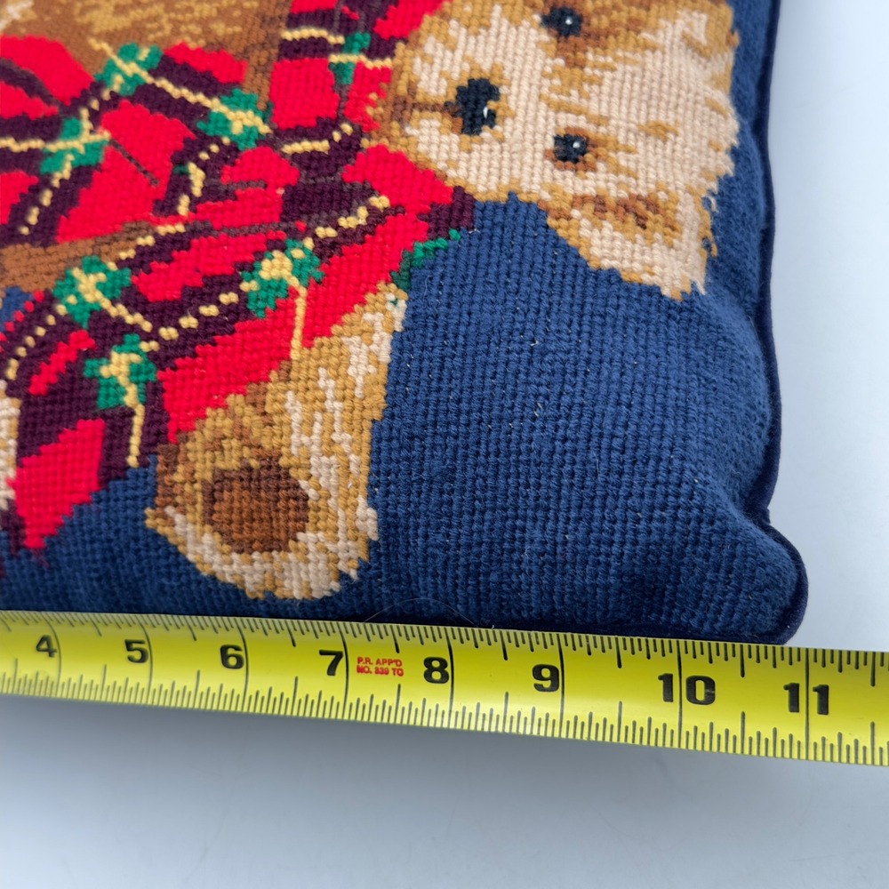 Vintage Needlepoint Teddy Bear Throw Pillow Navy Blue Velvet Plaid Scarf 11x11 - Picture 6 of 7